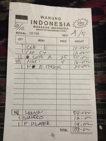 Bill at Warung Indonesia in Bali