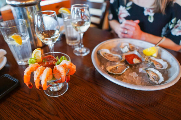 Oysters, Shrimp Cocktail, and Wine