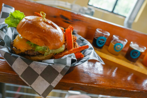 Burger and Beer Flight at Woodstock Brewhouse